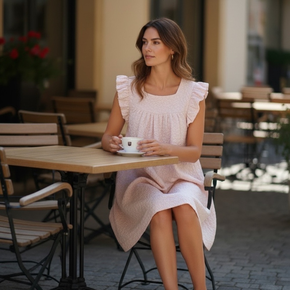 Pale Pink Textured Ruffled Sleeve Dress - Picture 2 of 16